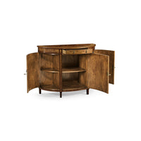 Open Hepplewhite demi-lune cabinet showing interior shelves.