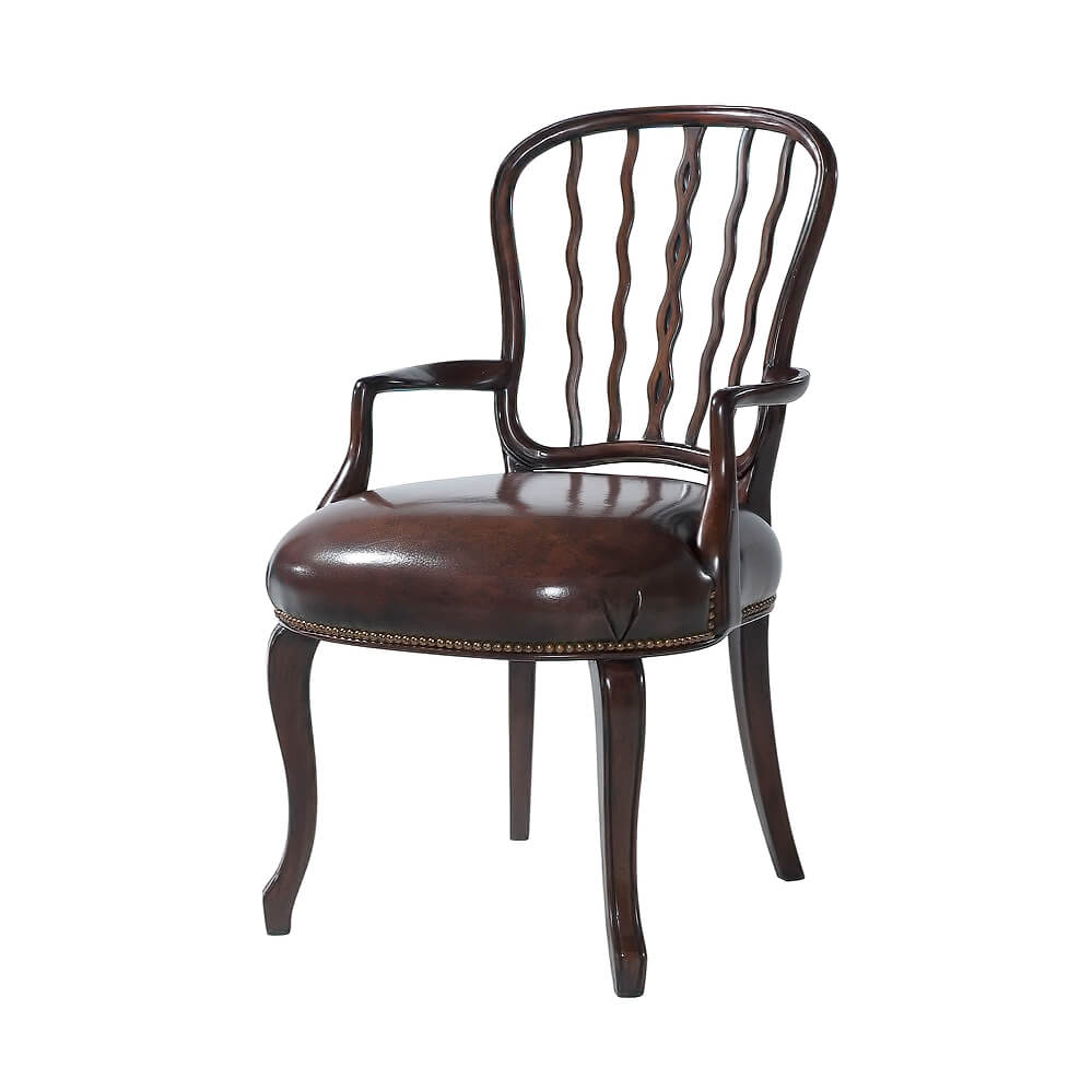 Front view of a single mahogany dining armchair.