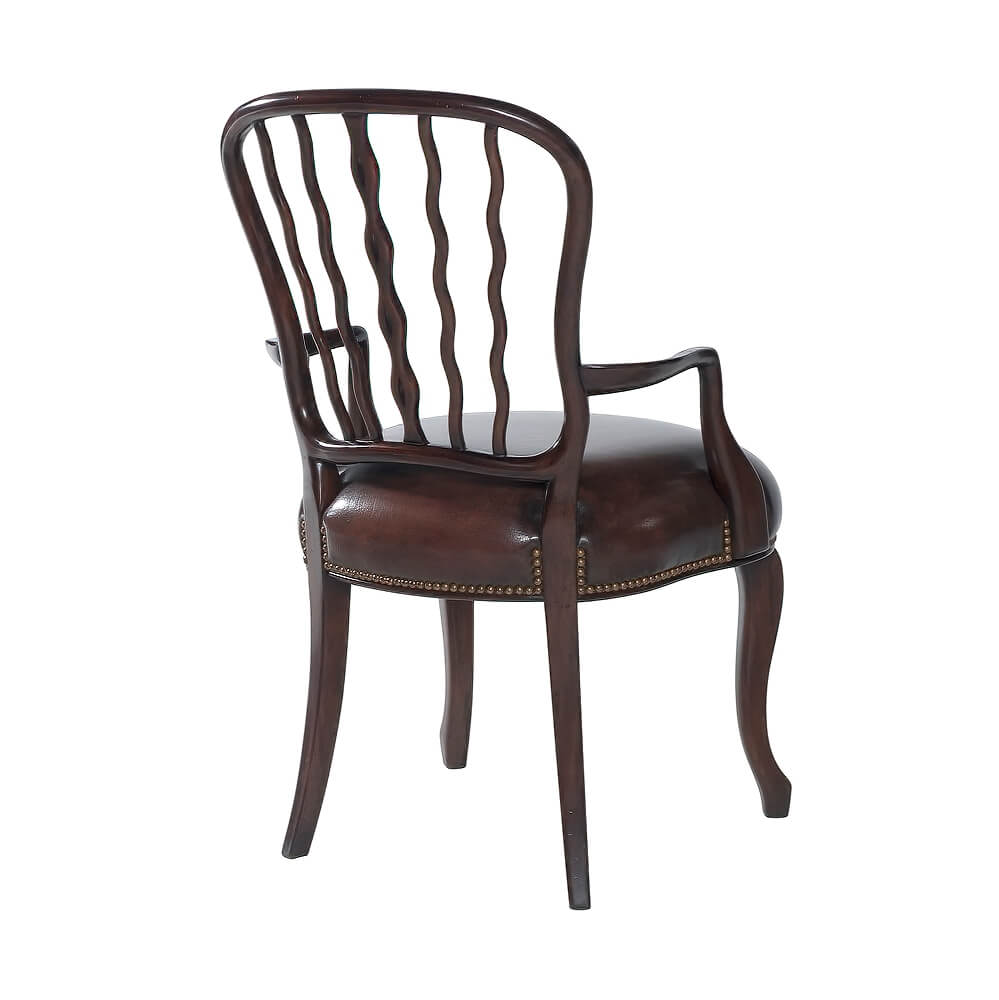 Back view of mahogany dining armchair detailing.