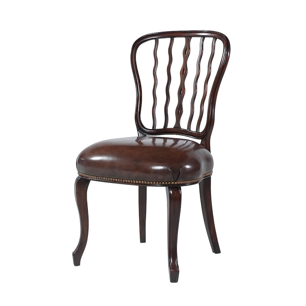 Single mahogany dining chair, three-quarter view.