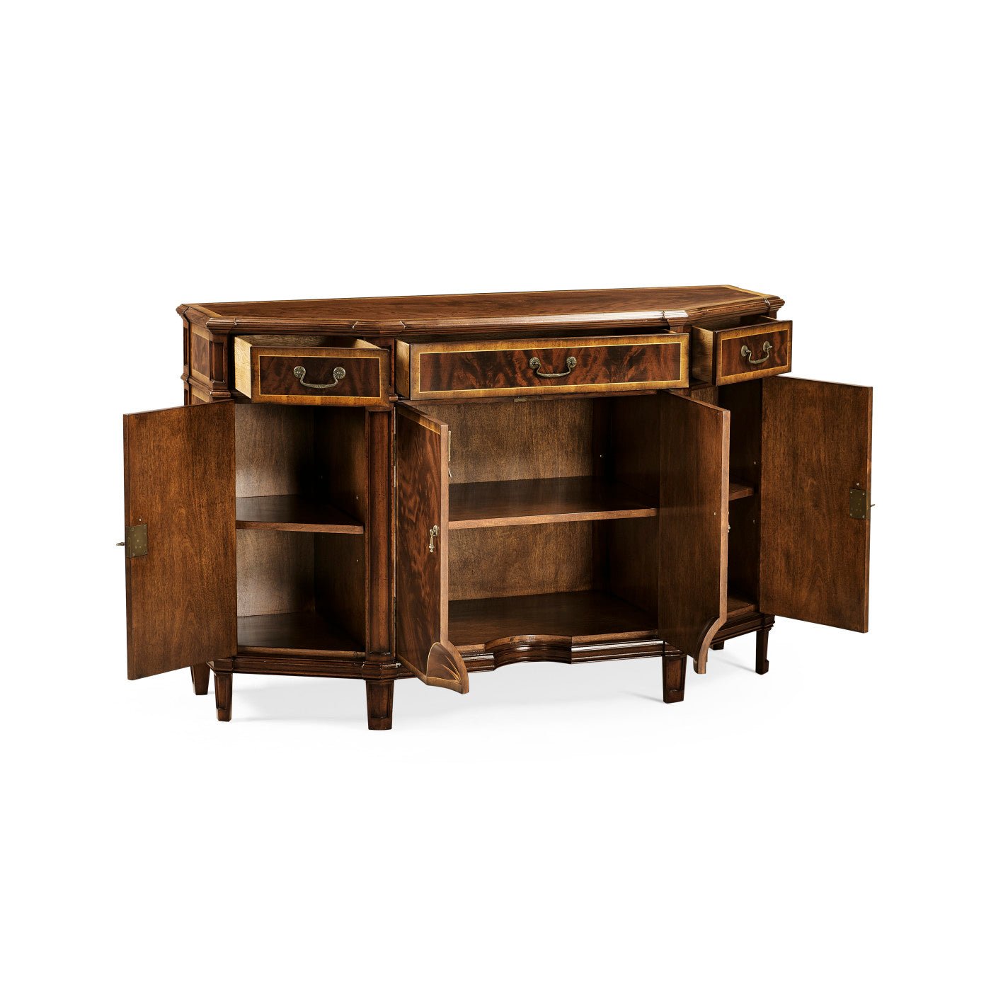 Sideboard with open doors showing interior shelves.