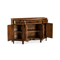 Sideboard with open doors showing interior shelves.