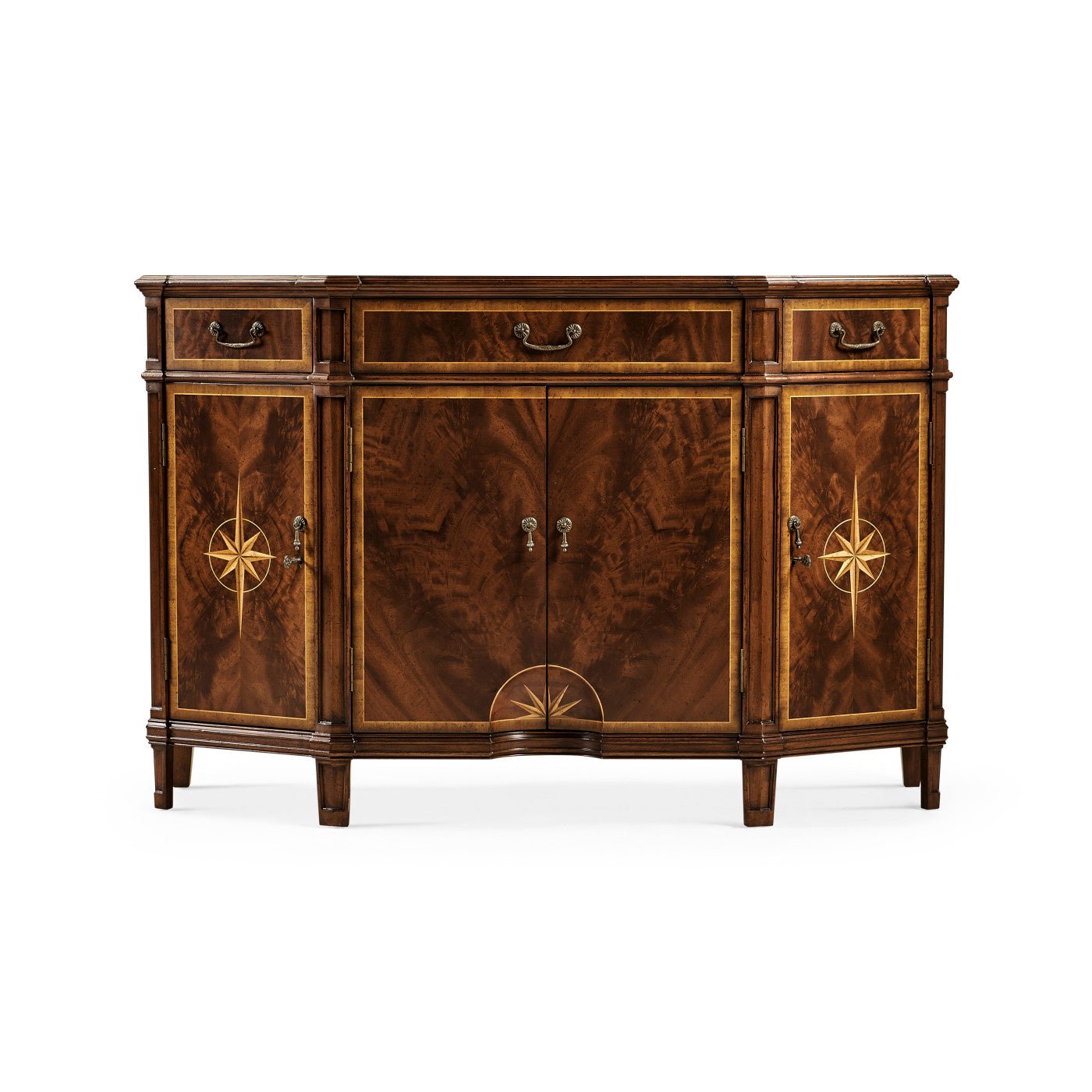 Front view of mahogany sideboard with intricate inlays.