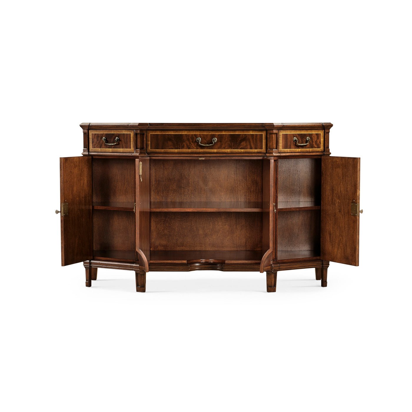 Sideboard interior with open doors, showing storage shelves.