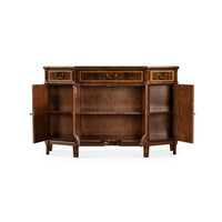 Sideboard interior with open doors, showing storage shelves.
