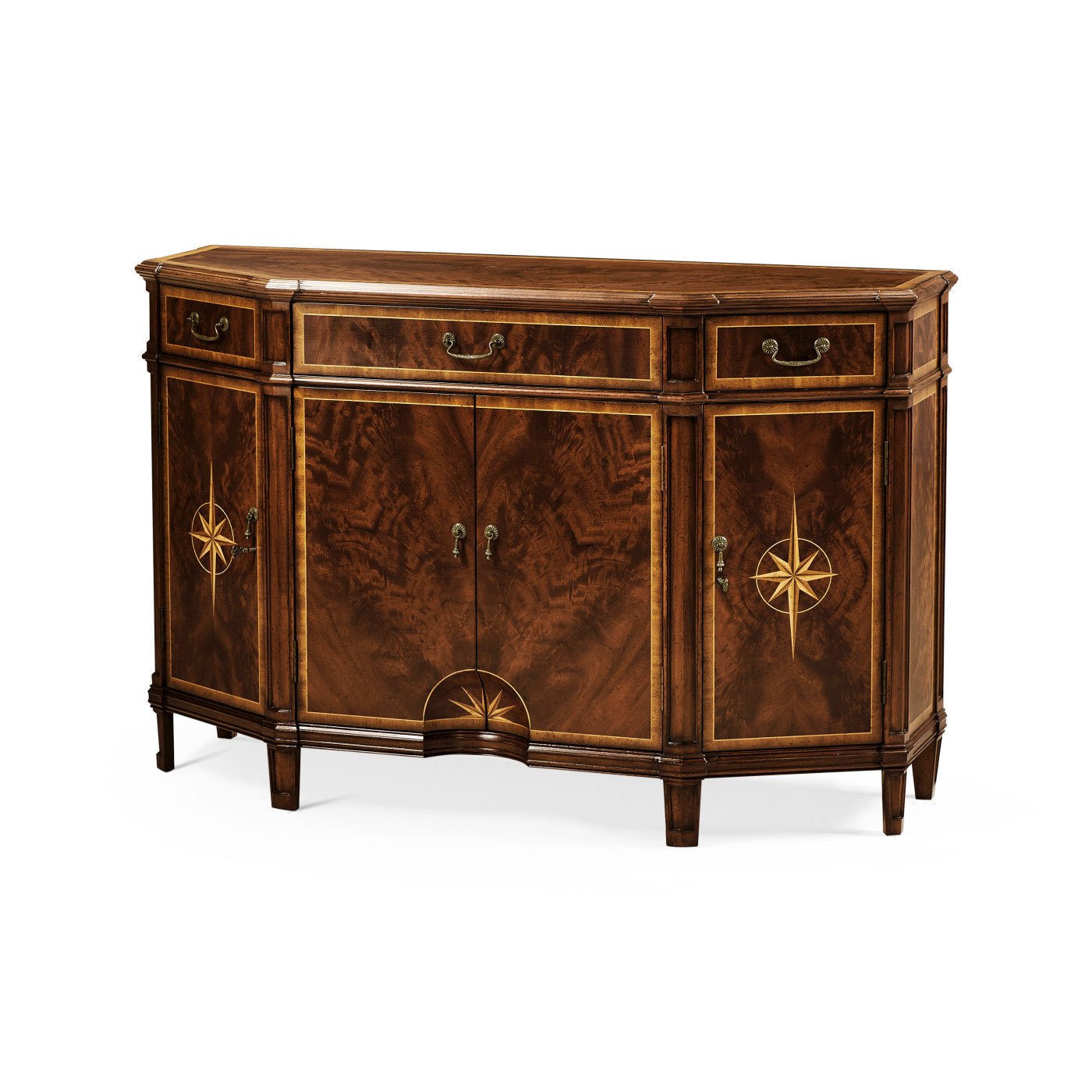 Inlaid mahogany sideboard with closed doors and drawers.