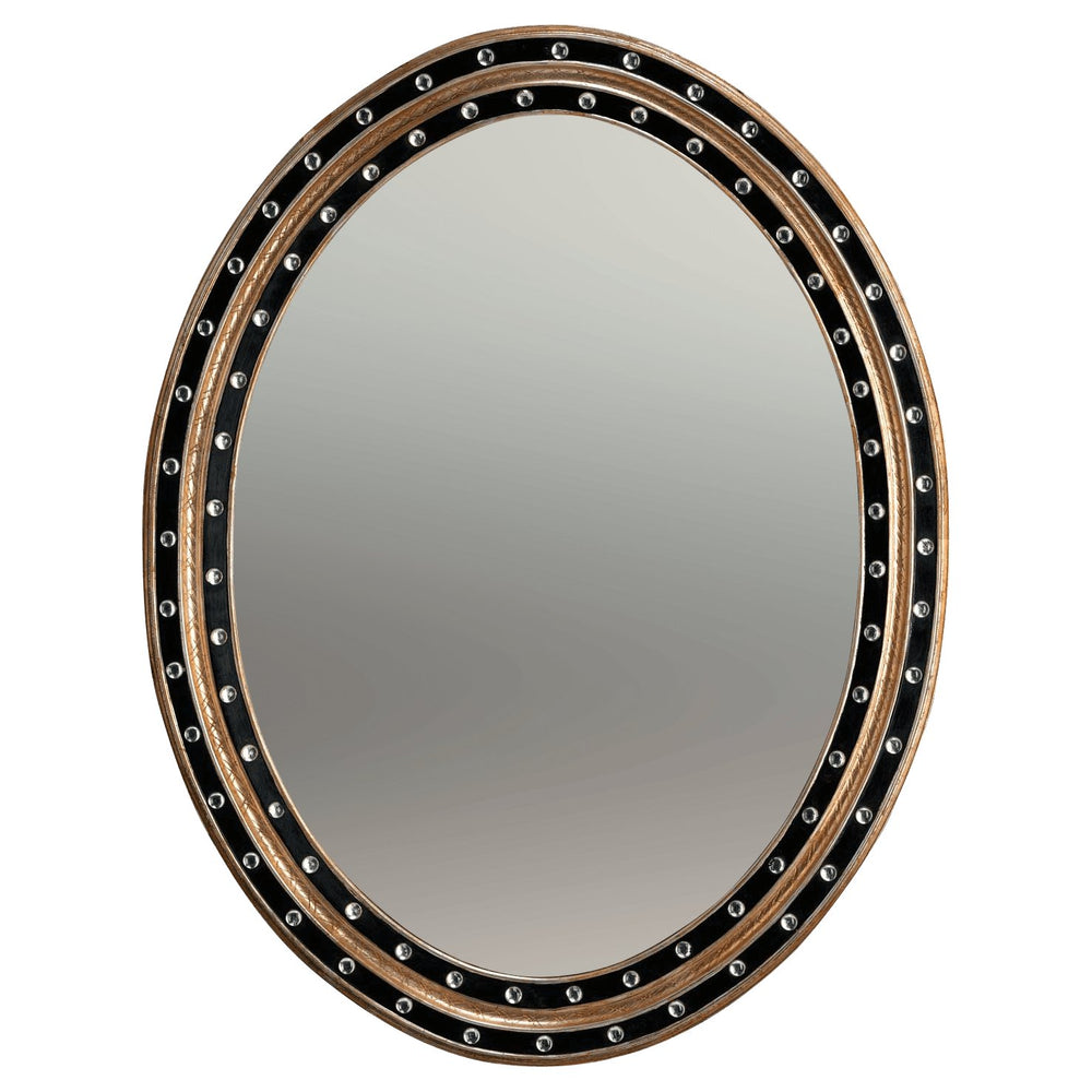 Oval mirror with dual studded wooden frame design.