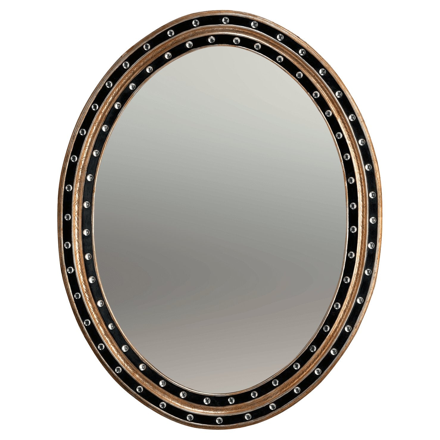 Oval mirror with dual studded wooden frame design.