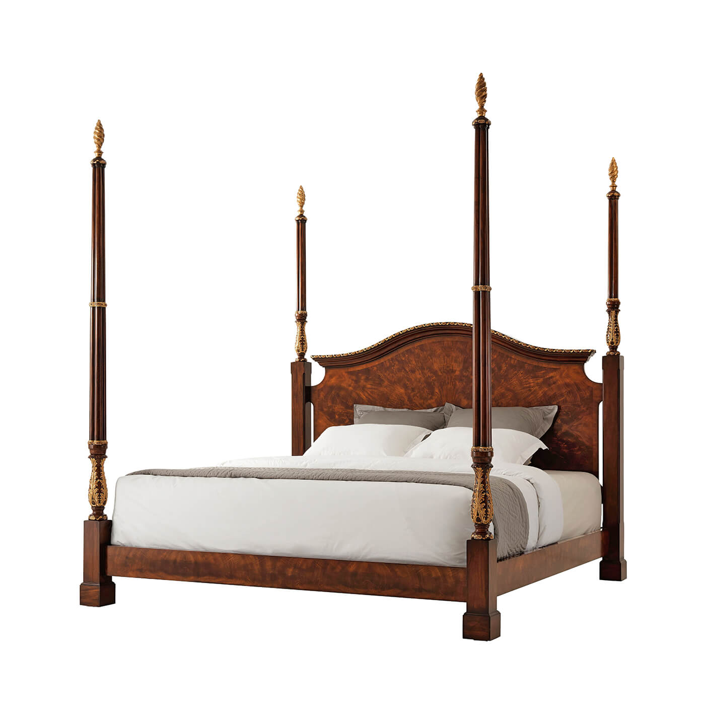 Mahogany four post king bed with bedding, full view.