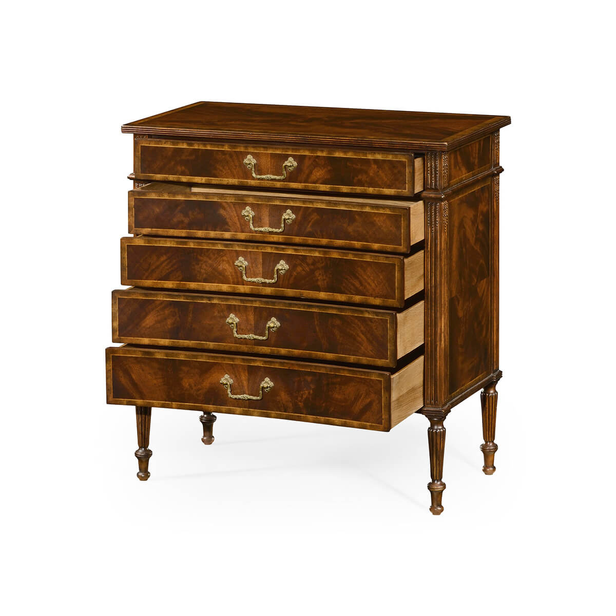 Partially open drawers of mahogany chest, side view.