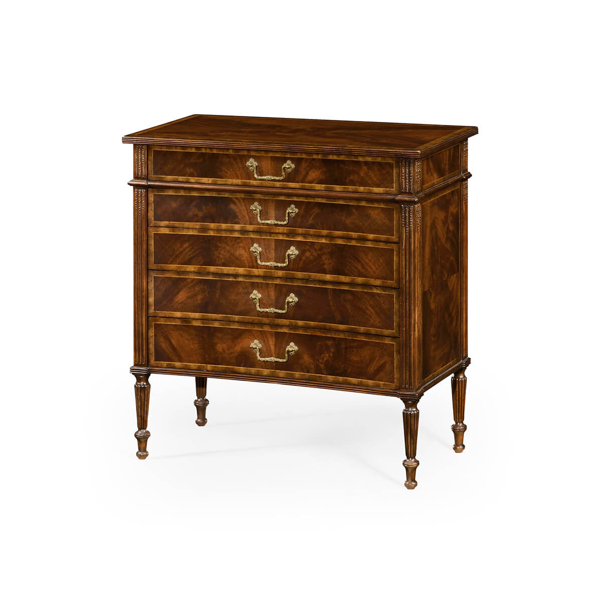 Elegant mahogany chest with five drawers, angled view.