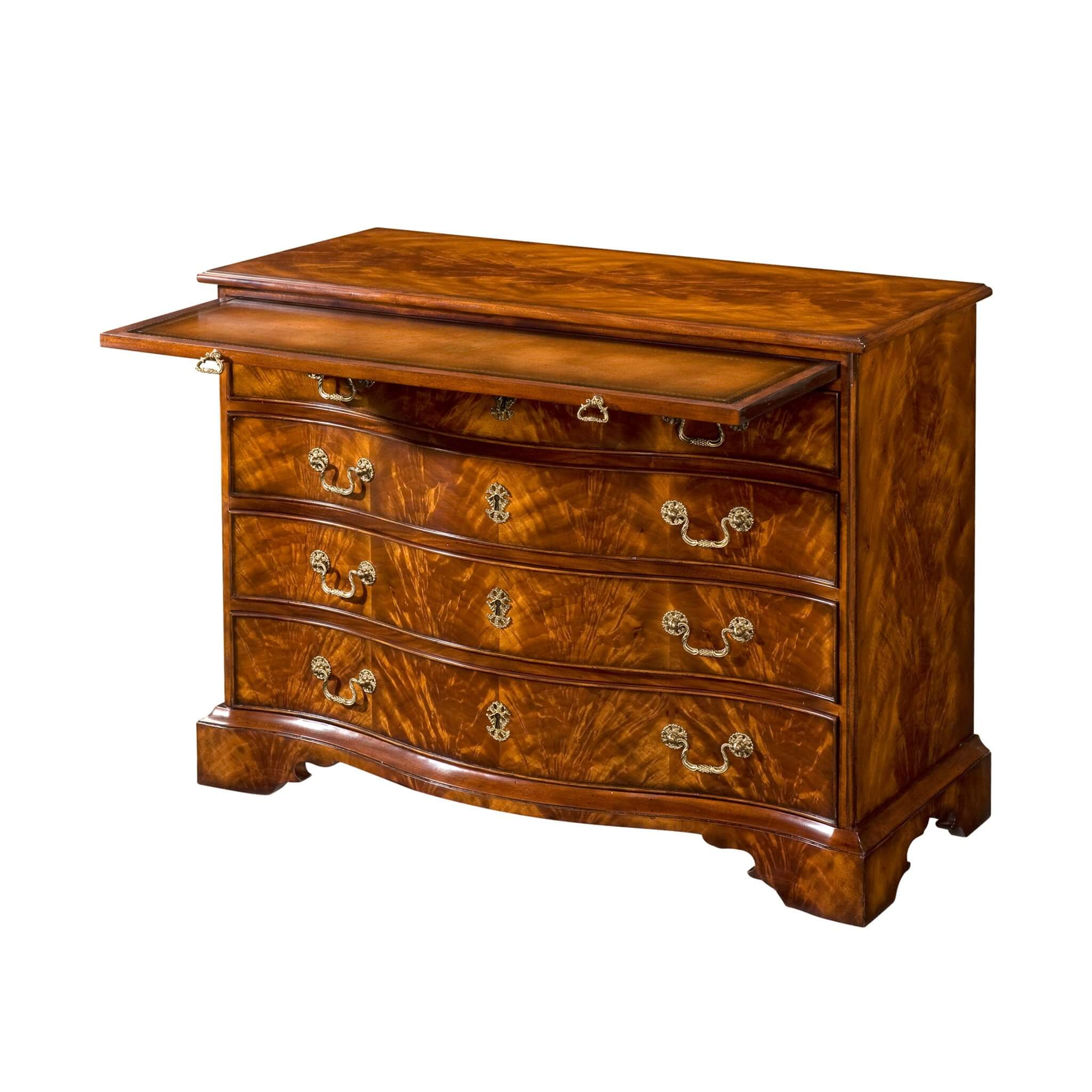 George III mahogany chest, front angle with open top drawer.