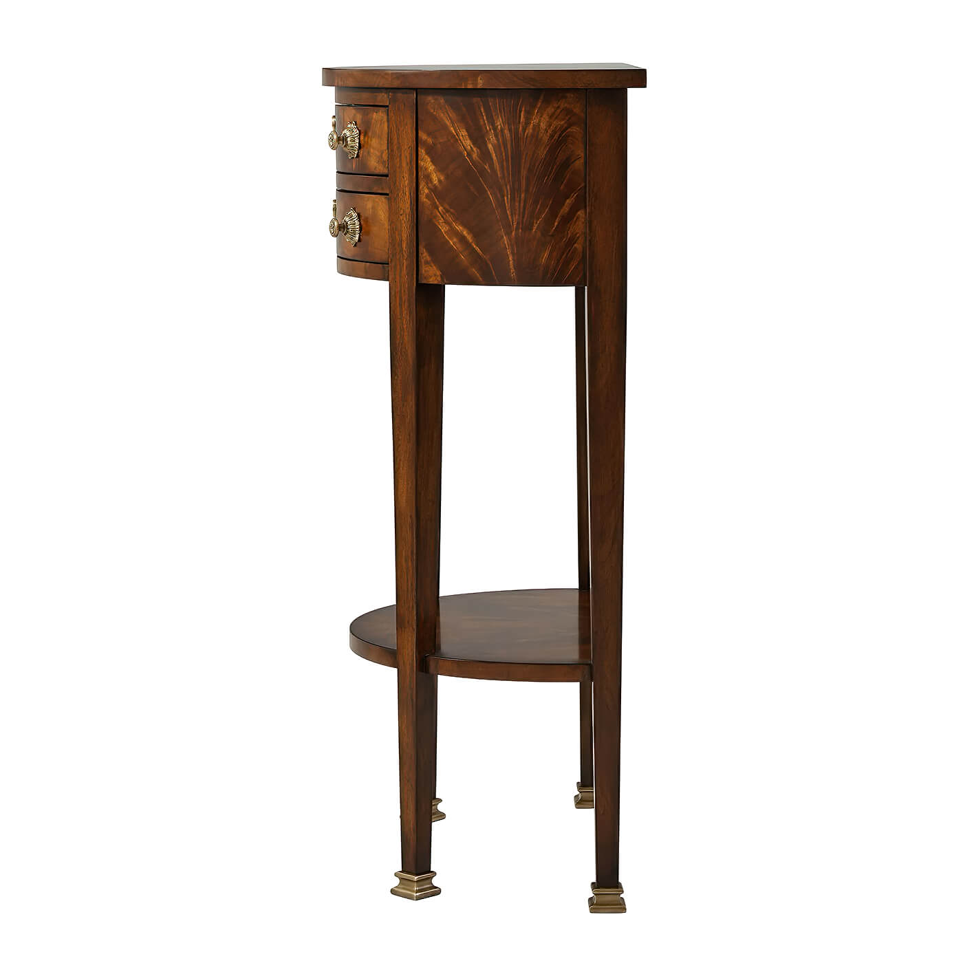 Side view of mahogany demi lune console.