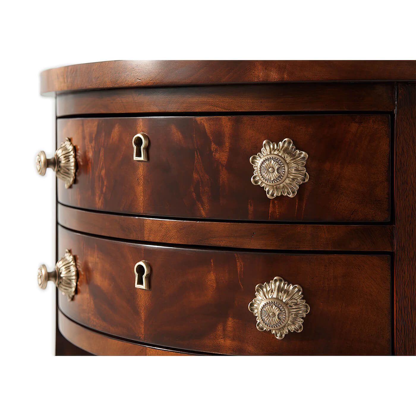 Close-up of drawer handles on demi lune console.
