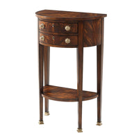 Demi lune console tabletop view, wood grain pattern.
