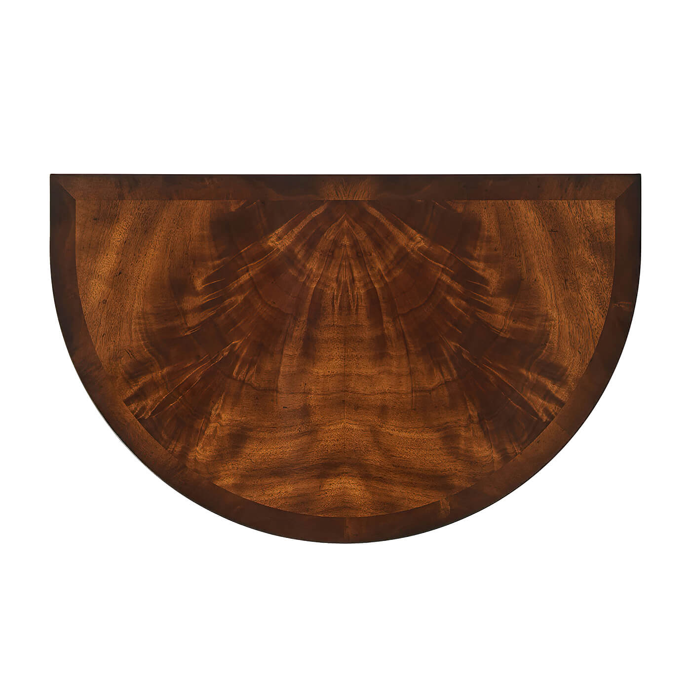 Semi-circle top view of mahogany demi lune console.