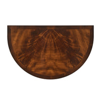 Semi-circle top view of mahogany demi lune console.