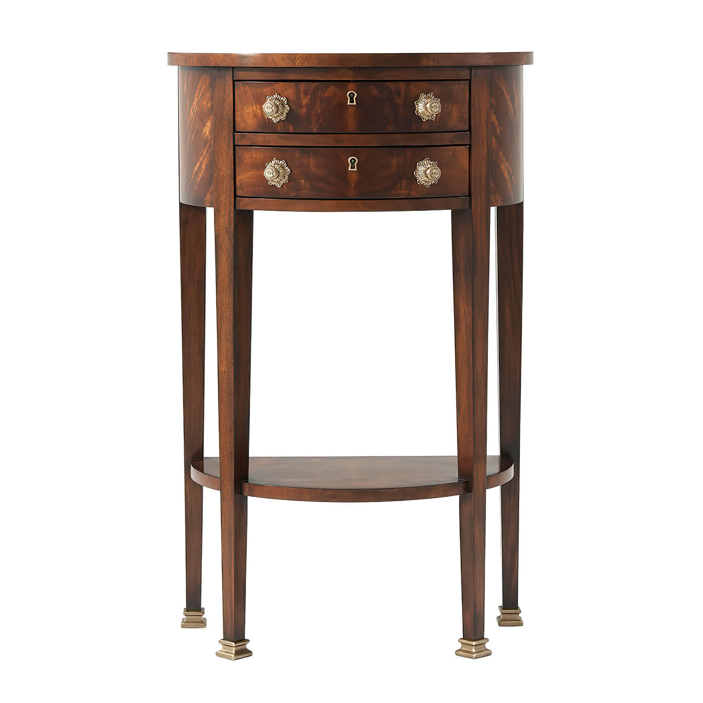 Front view of mahogany demi lune console with drawers.