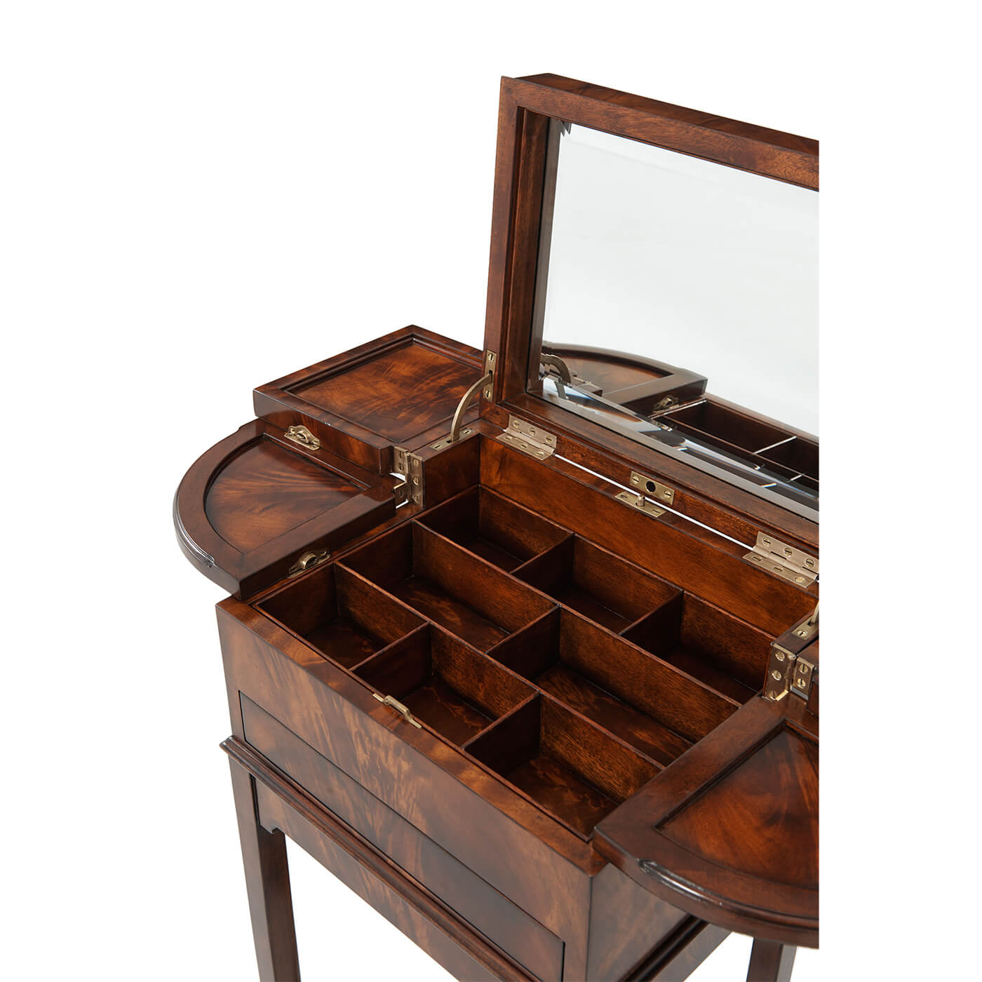 Close-up, open compartments of mahogany dressing table.