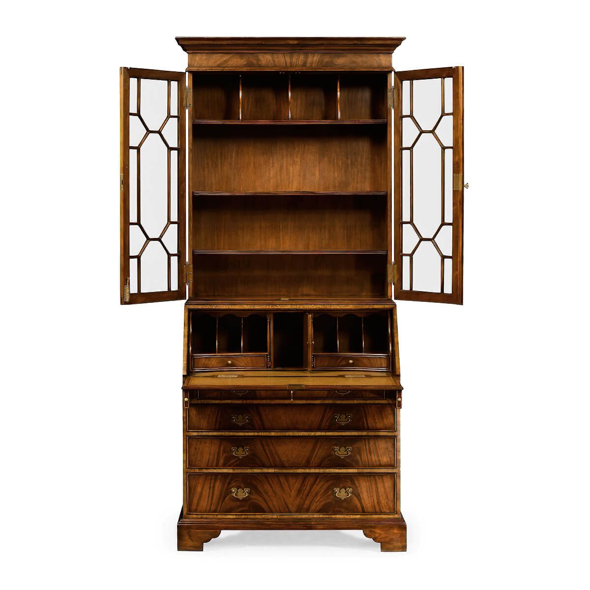 Open George III mahogany secretary bookcase showing shelves.