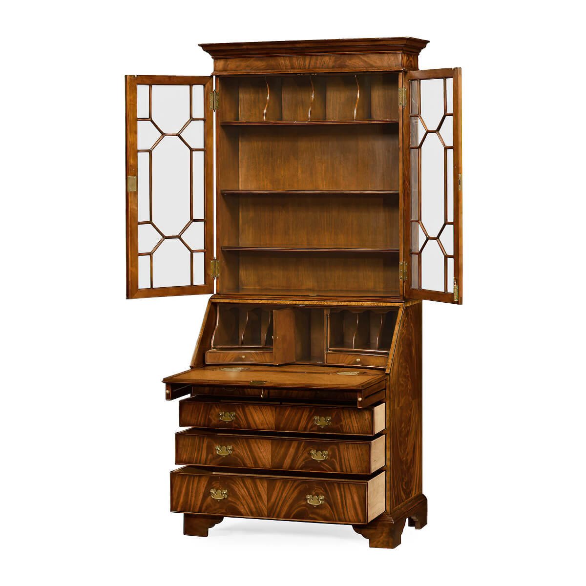 Side view of open George III secretary bookcase with drawers.
