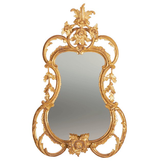 Ornate George III carved floral mirror with golden frame.