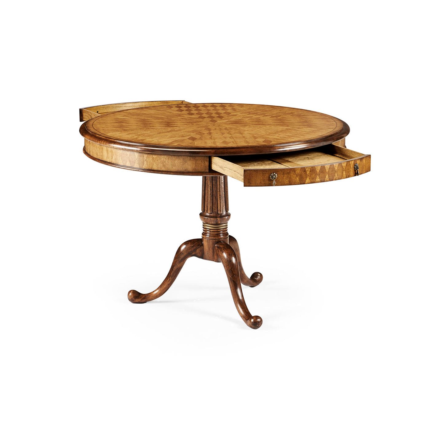 George III center table with open hidden drawer detail.