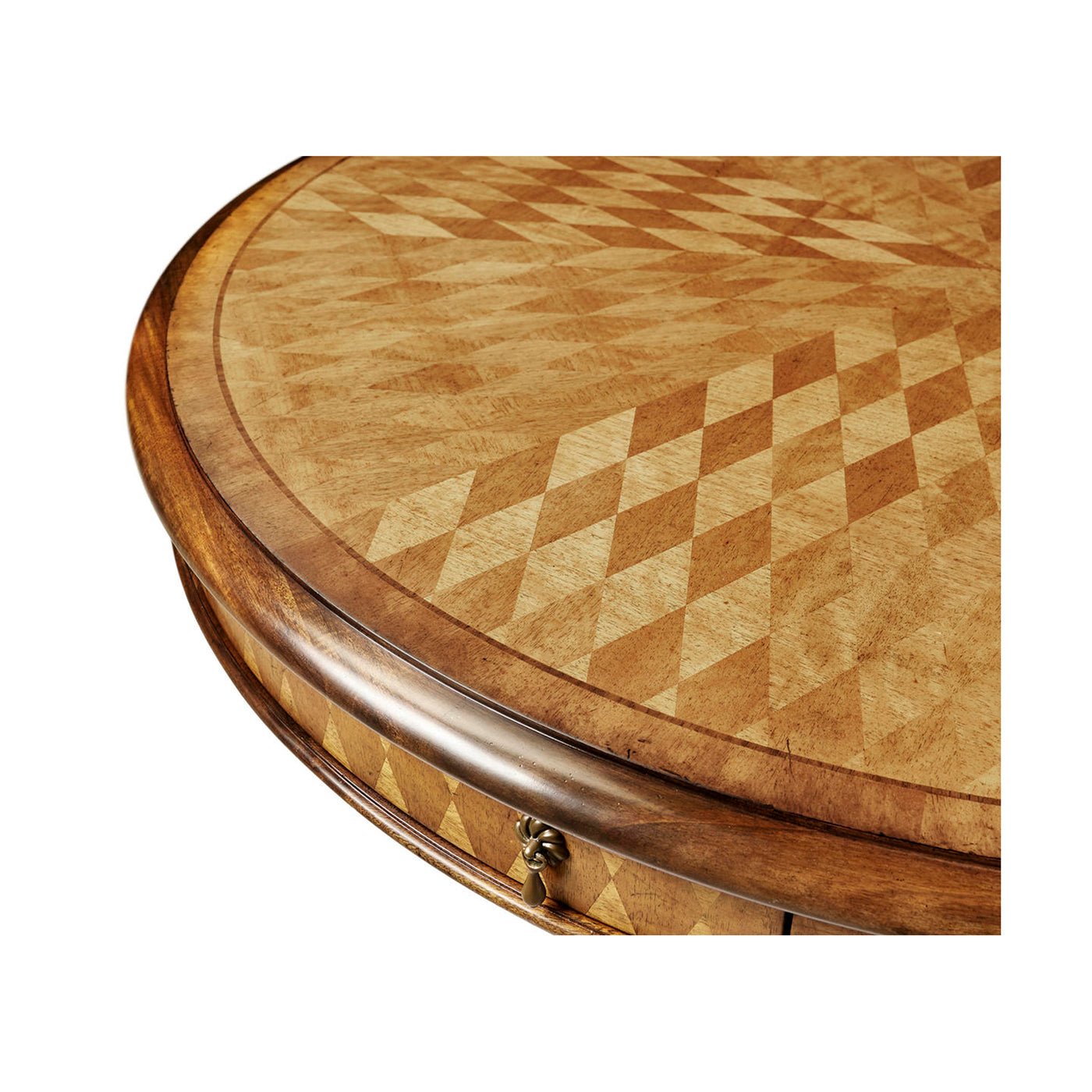 Close-up of parquetry design on center table surface.