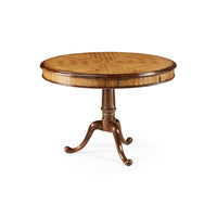 Round parquetry center table, George III style, full view.