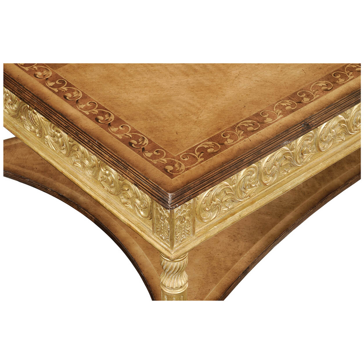 Close-up of coffee table corner with intricate detail.