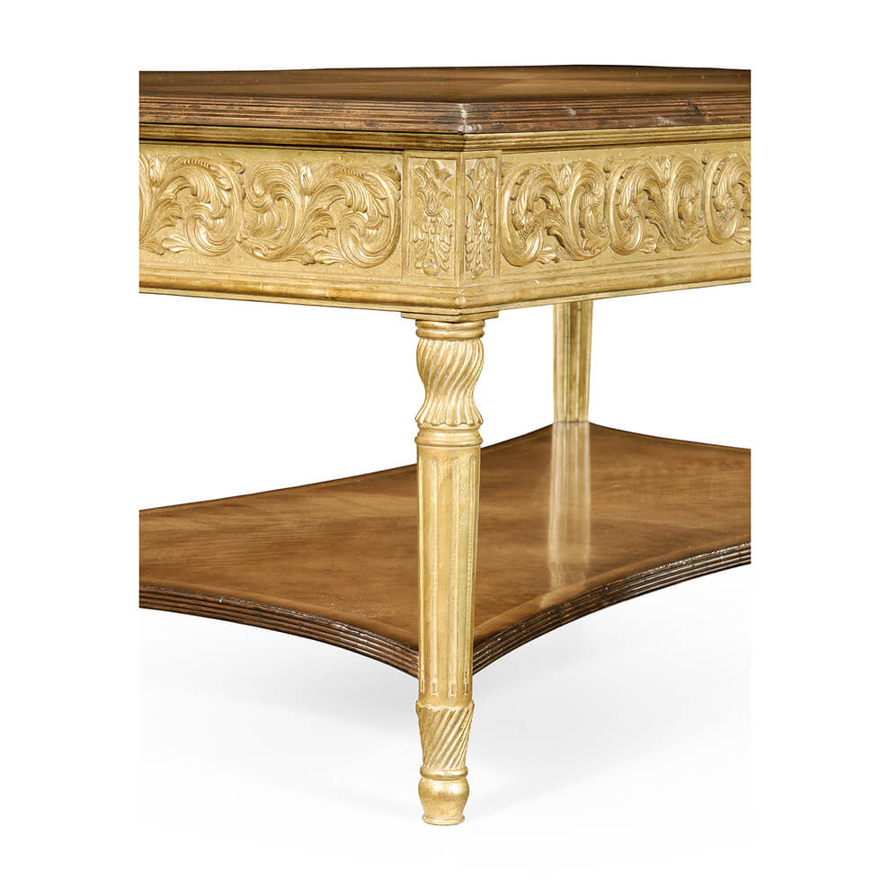 Detailed carving on coffee table leg design.