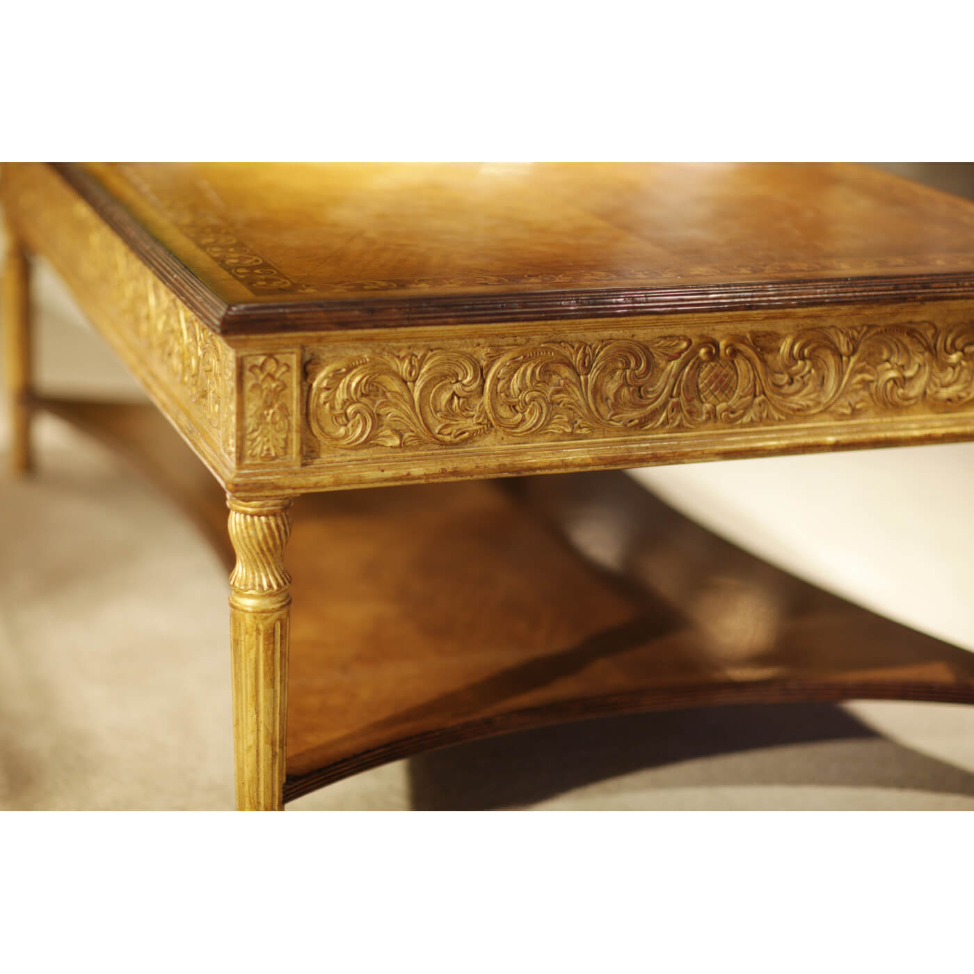 Side view of coffee table with decorative elements.