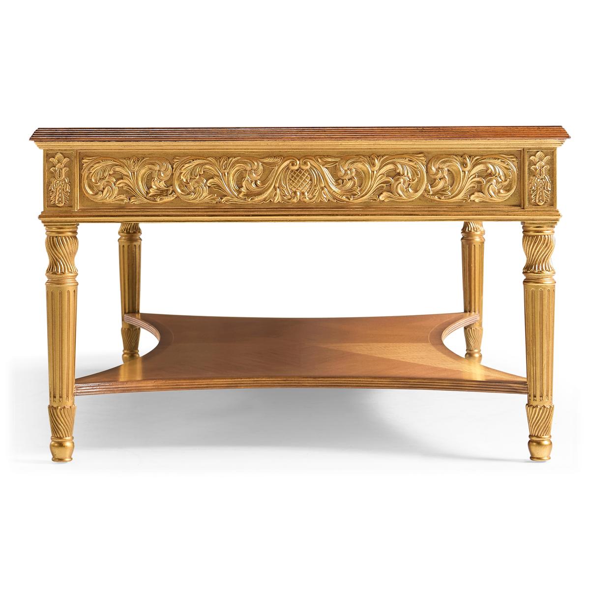 Side perspective of coffee table showcasing detailed carvings.