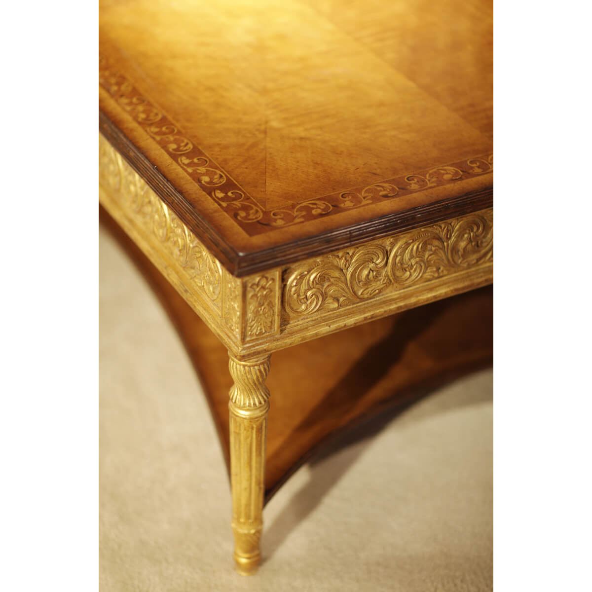 Coffee table corner highlighting ornate craftsmanship.