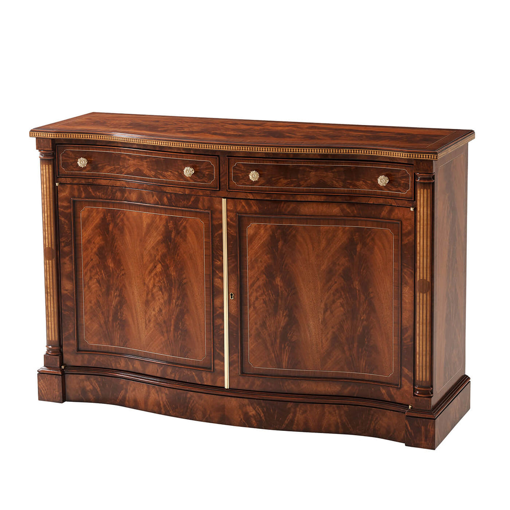 Mahogany credenza front view with closed doors.