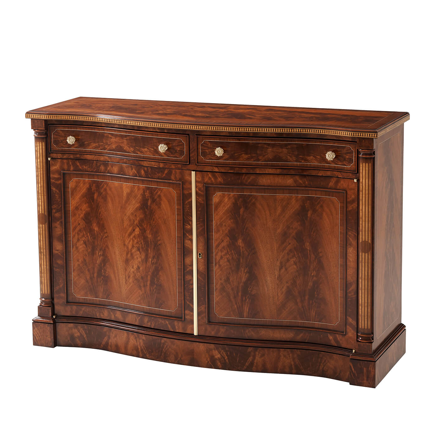 Mahogany credenza front view with closed doors.