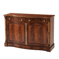 Mahogany credenza front view with closed doors.