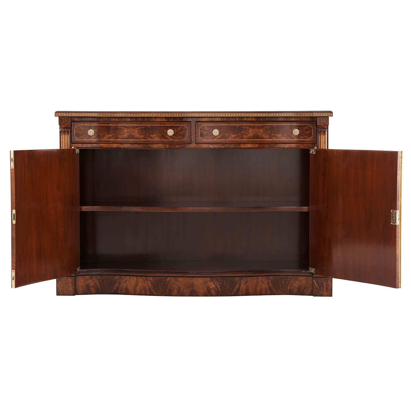 Credenza interior with open doors revealing shelf.