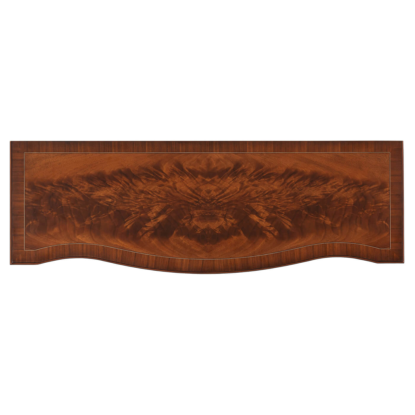 Top view of credenza with curved mahogany surface.