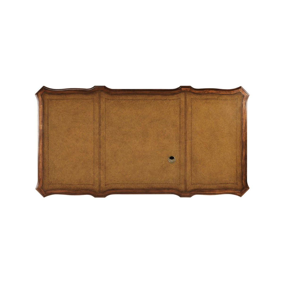 Leather top of walnut pedestal desk, top view.