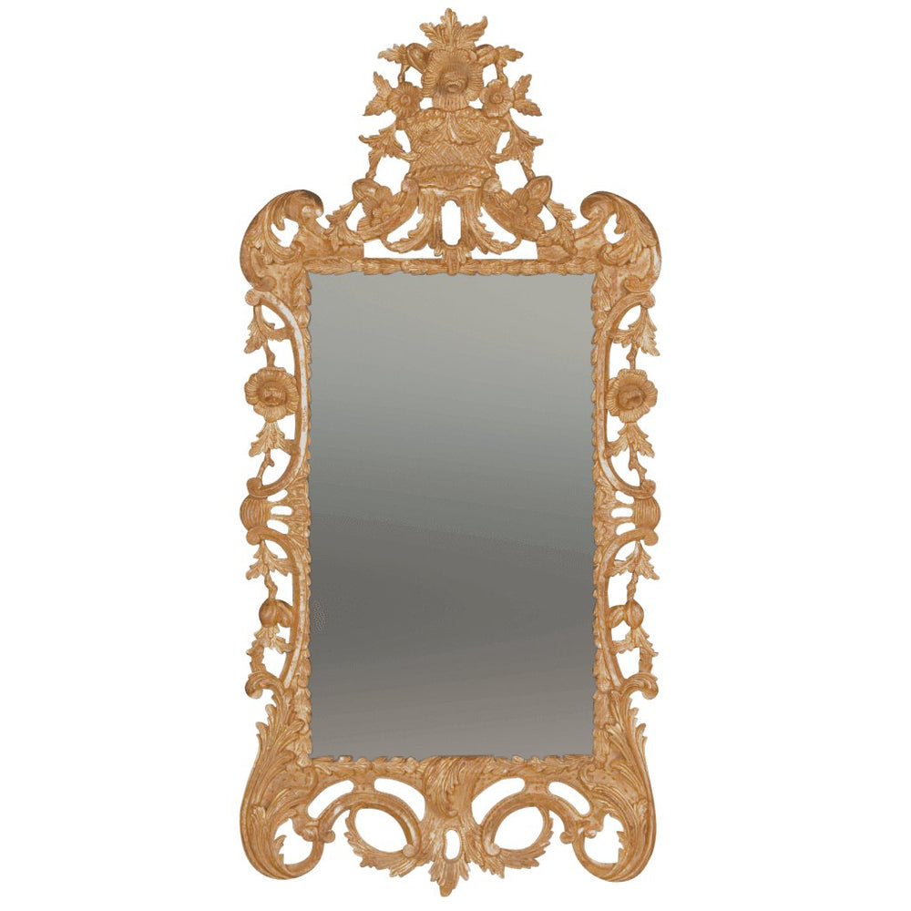 Ornate giltwood rococo mirror with floral designs.