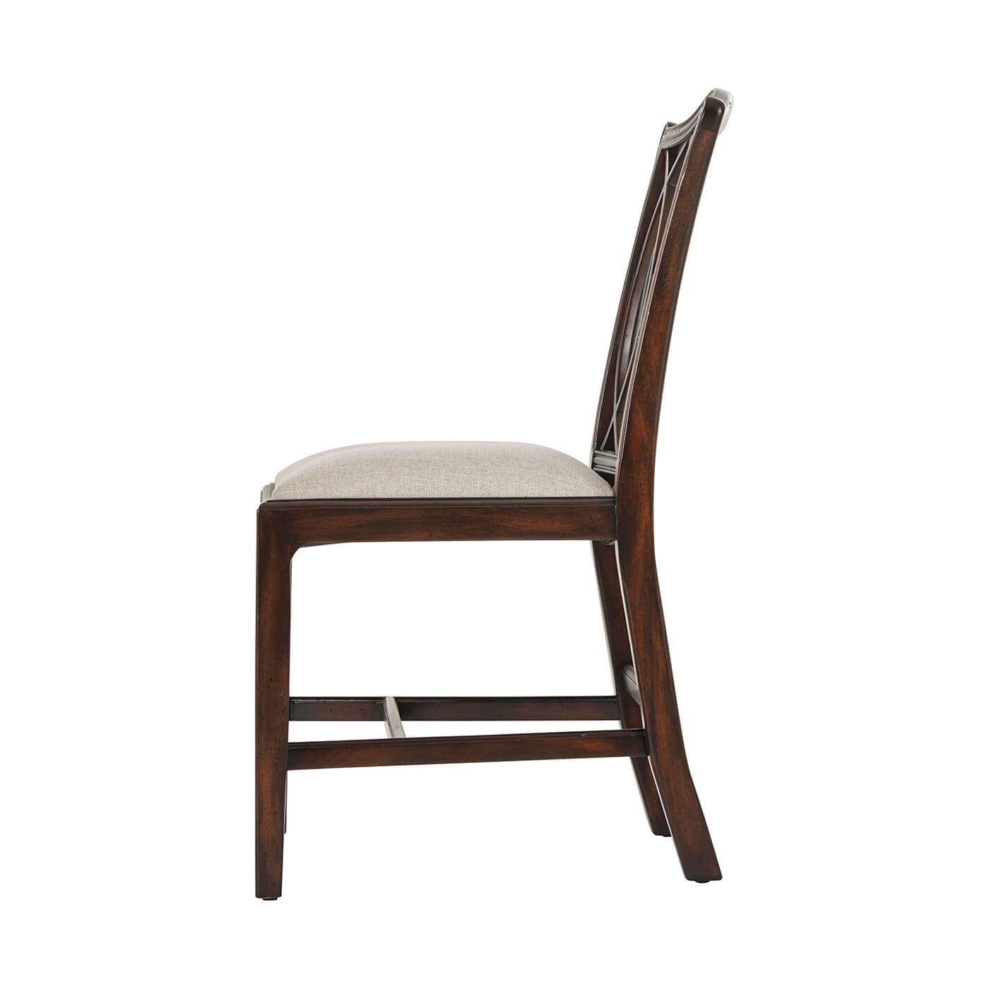 Side profile of wooden dining chair with cushioned seat.
