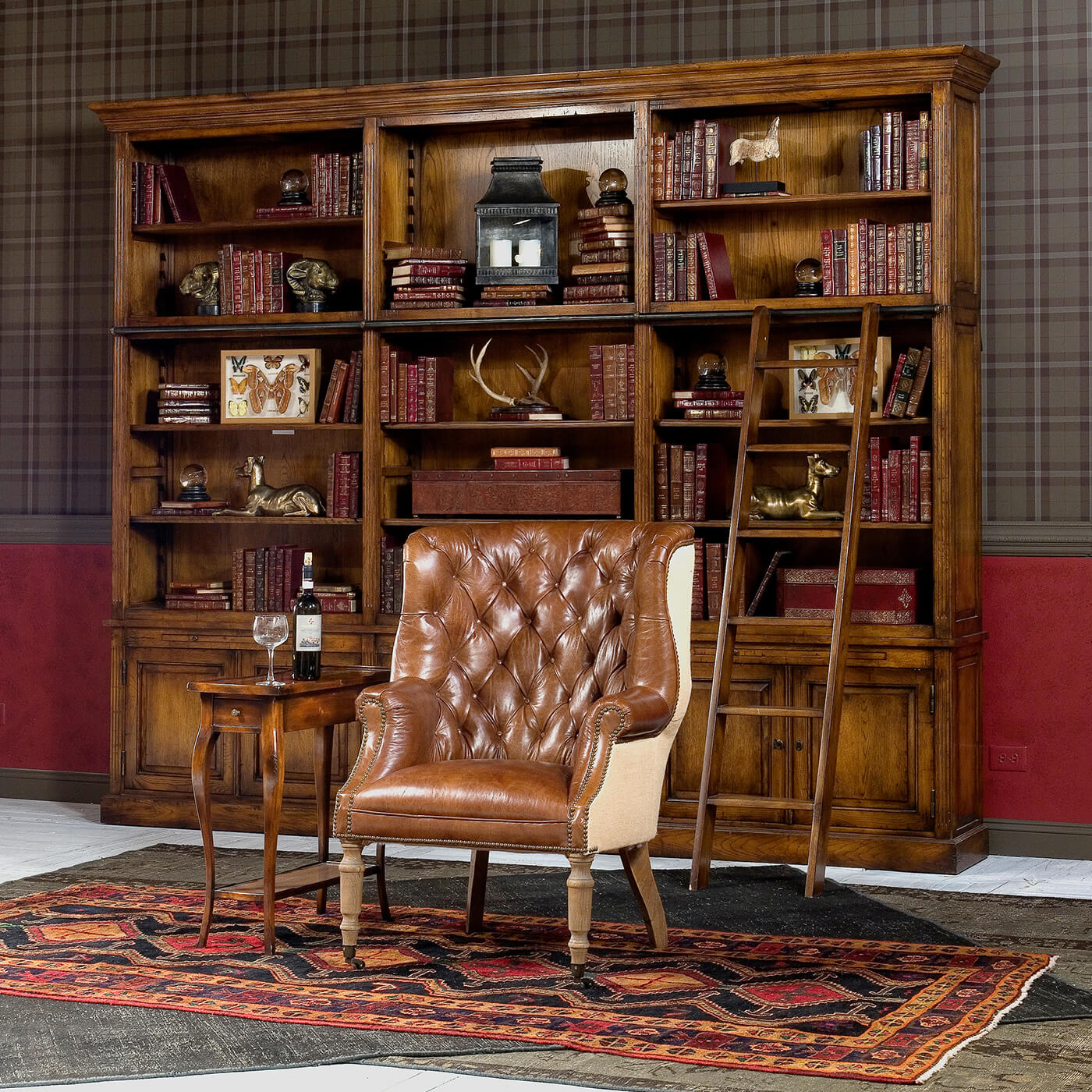Leather barrel chair in elegant library setting.