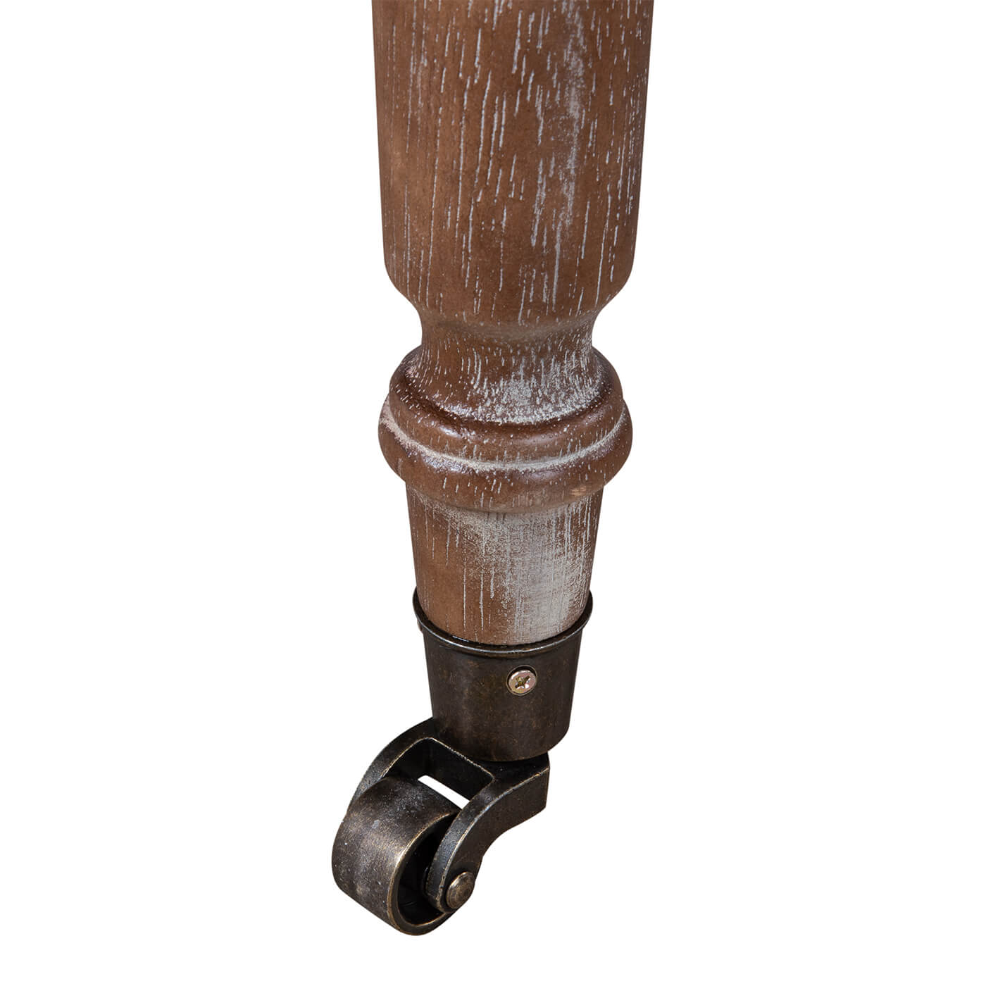Chair leg with caster wheel, detailed view.