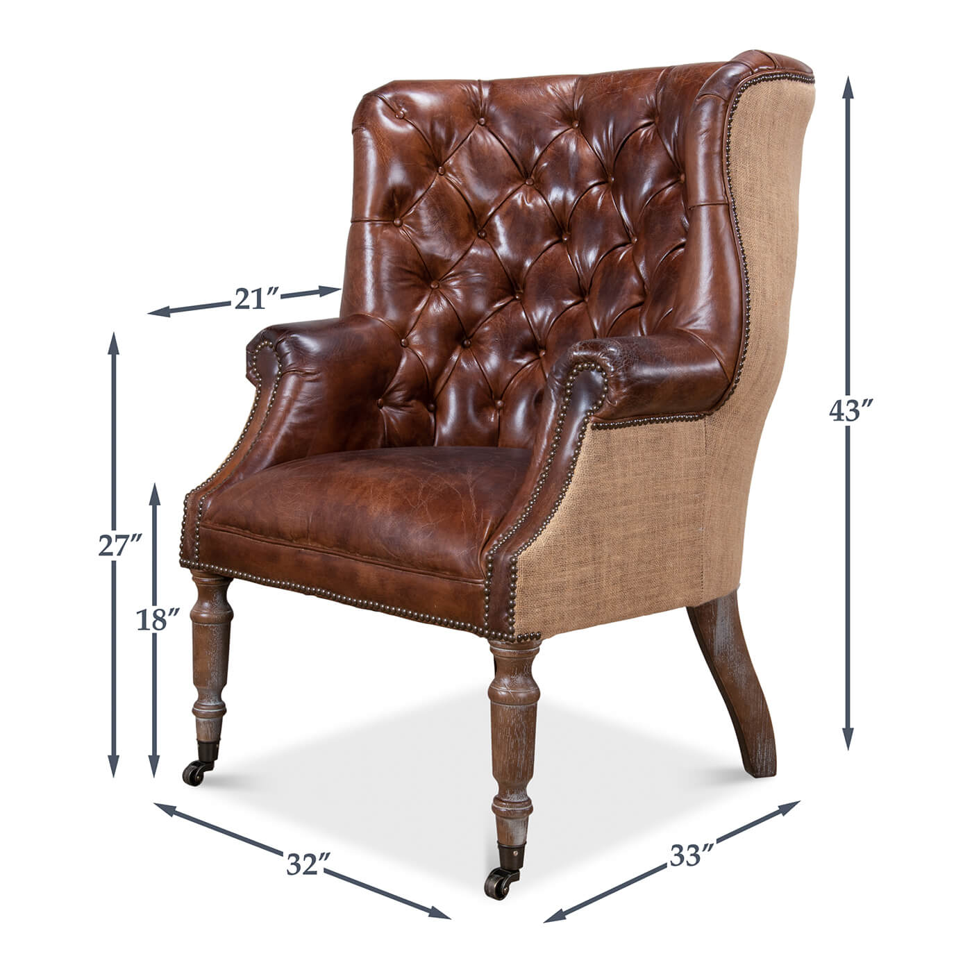 Dimensions of leather and jute barrel chair.
