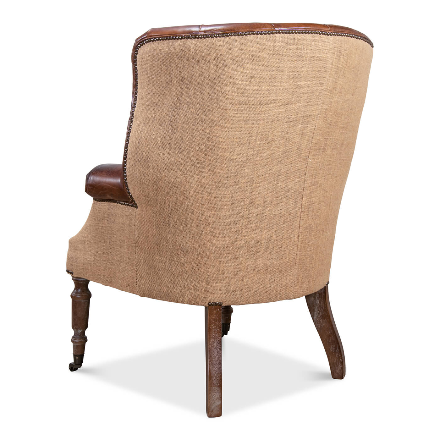 Jute backing barrel chair, back side view.
