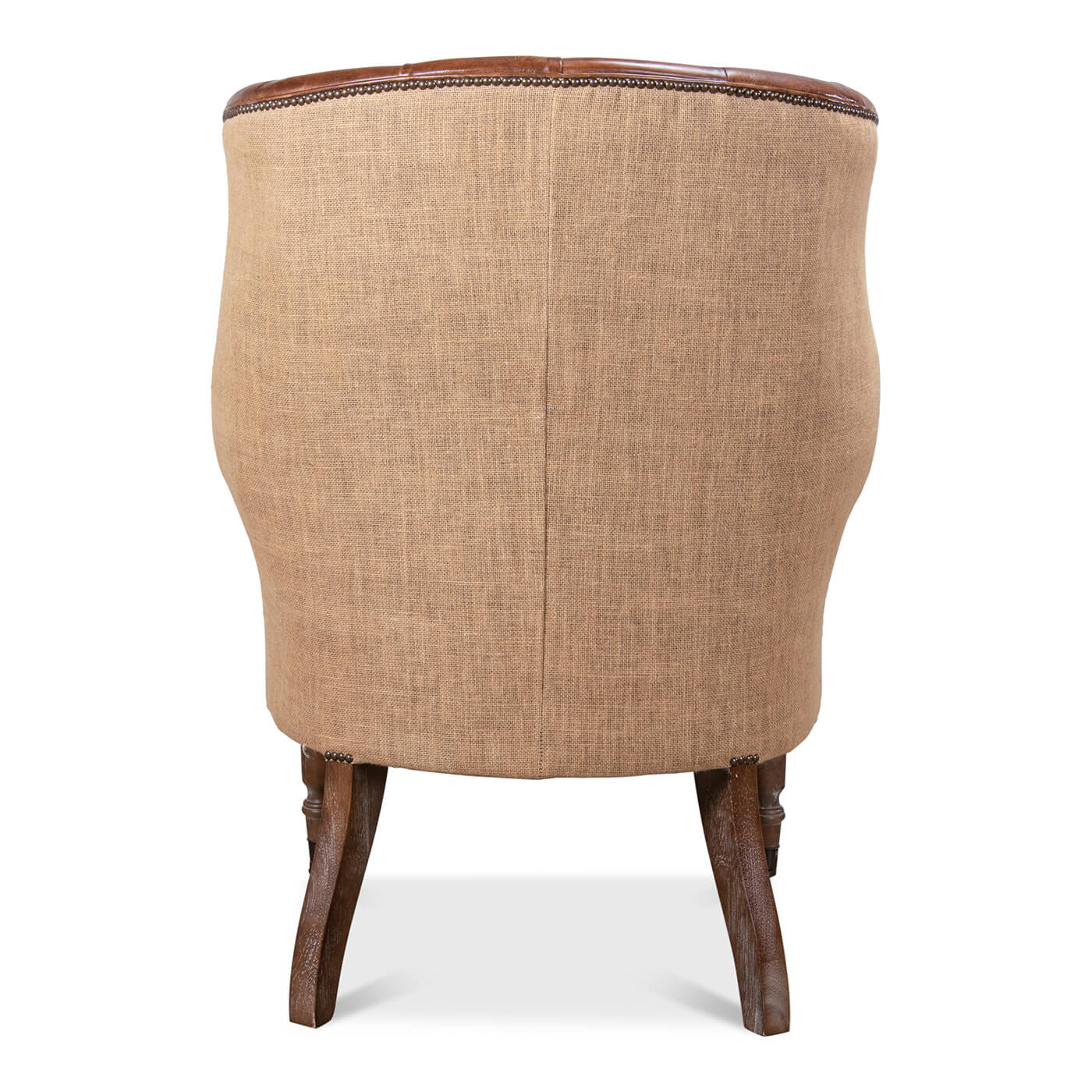 Jute upholstered barrel chair, back view.