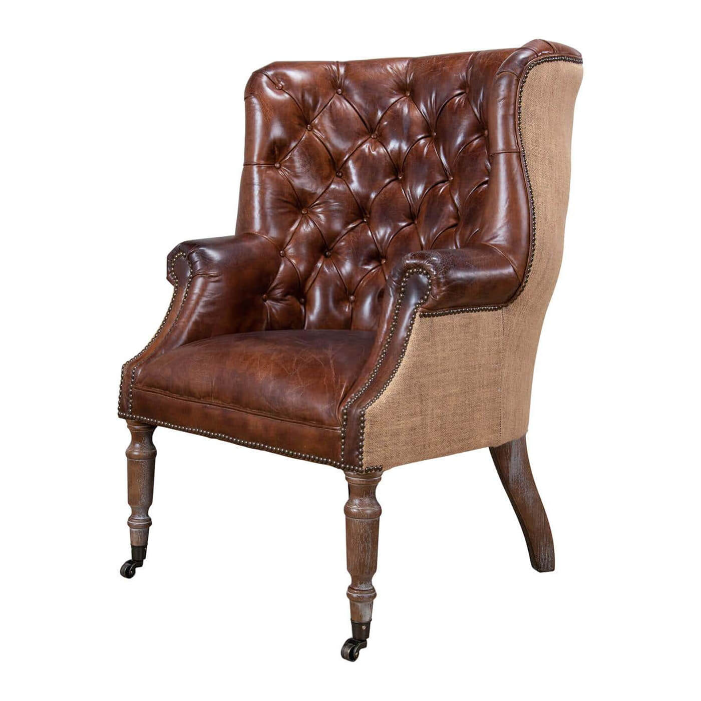 Leather and jute barrel chair, angled front view.