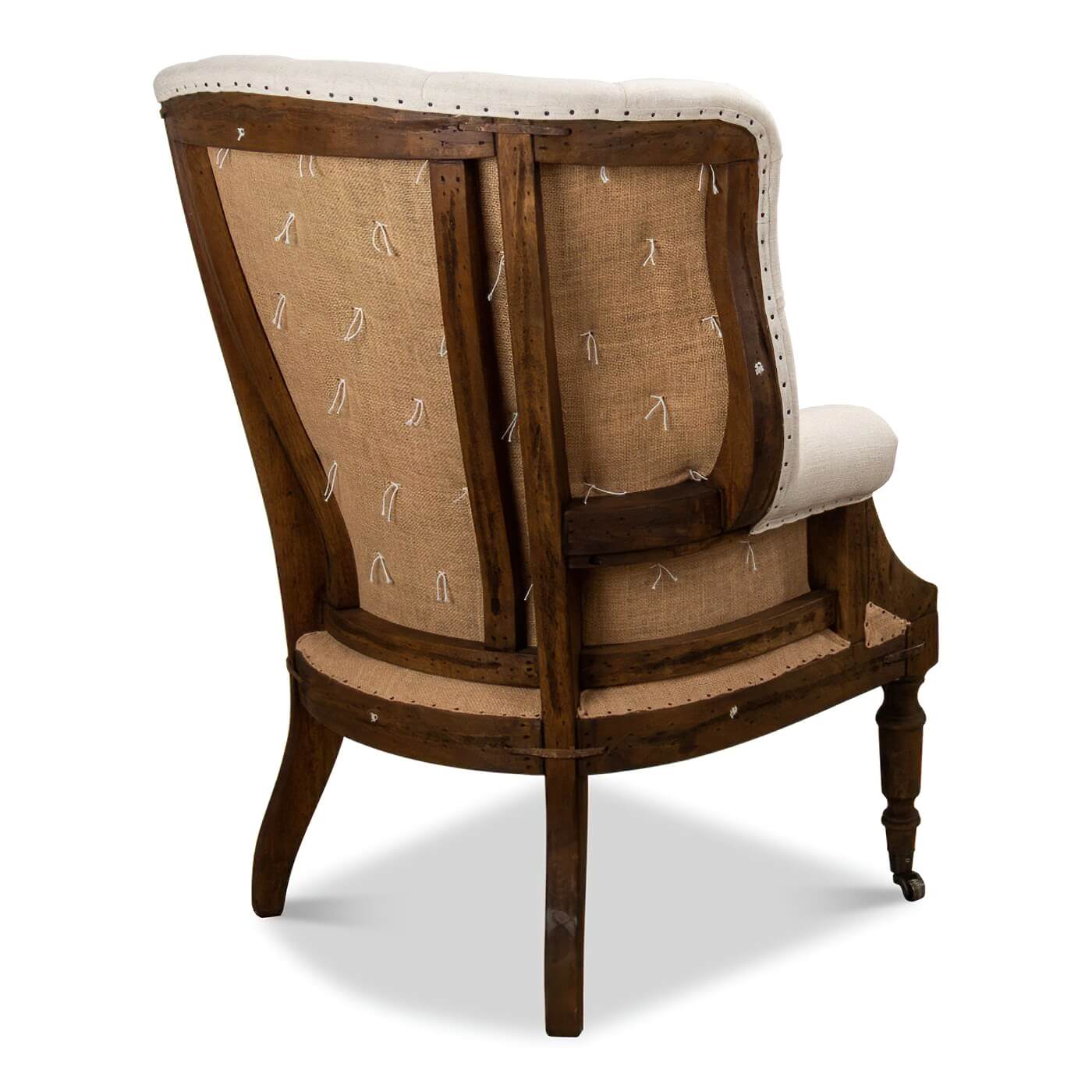 Back detail of Georgian linen and burlap wingchair.