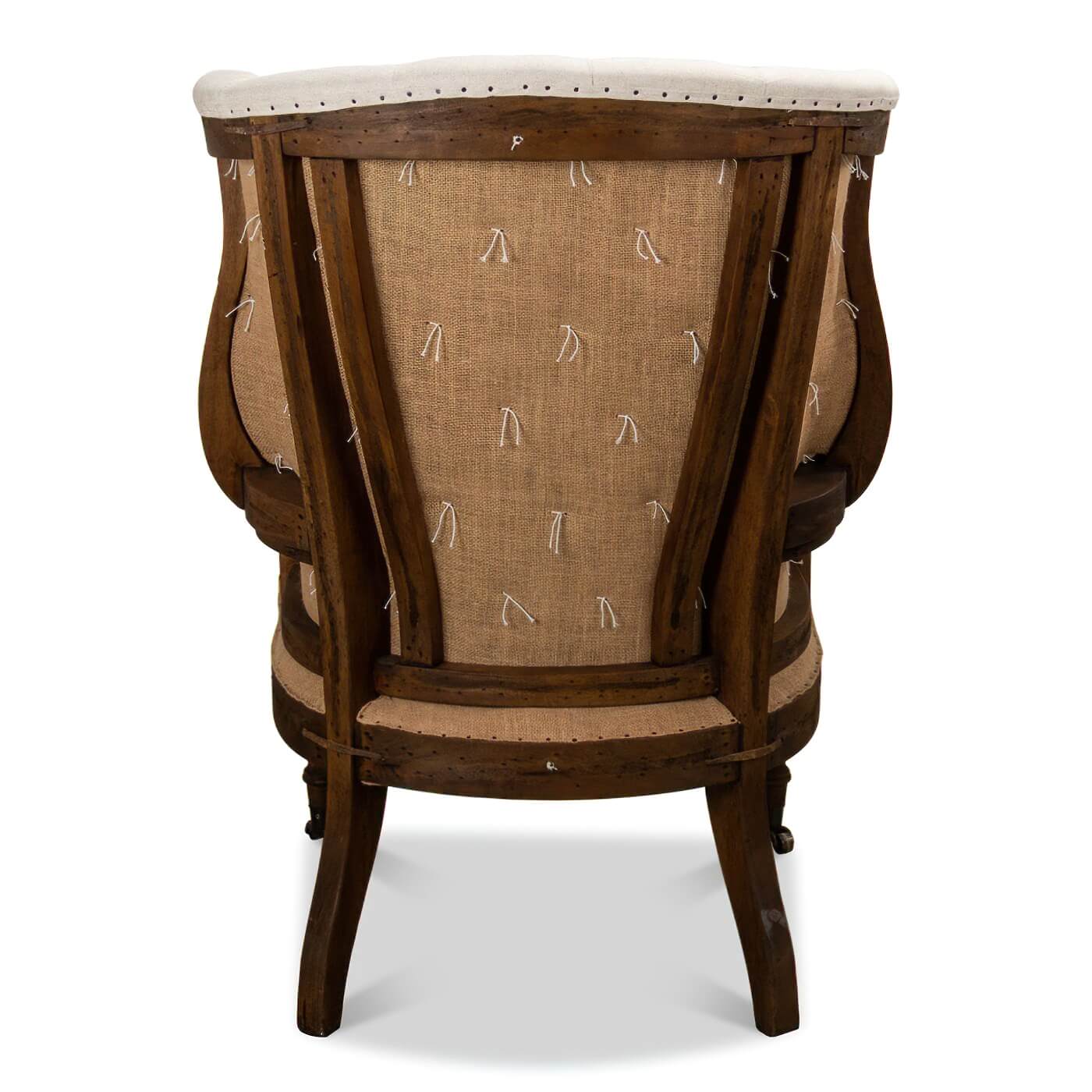 Rear full view of Georgian wingchair burlap design.